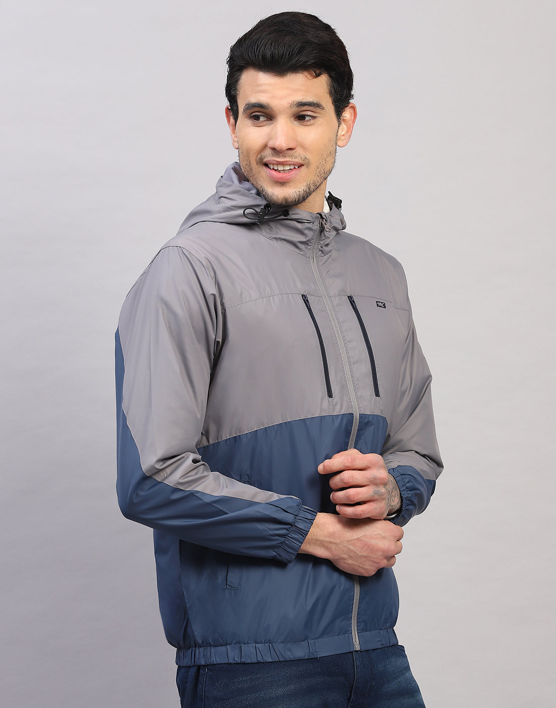 Men Grey Printed Collar Full Sleeve Jacket