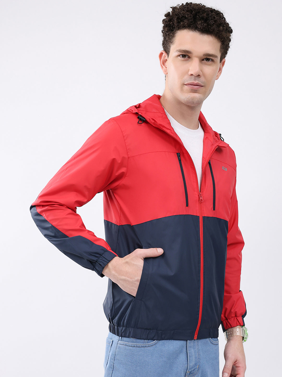 Men Red Printed Collar Full Sleeve Jacket