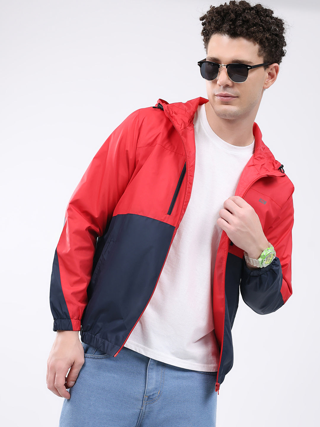 Men Red Printed Collar Full Sleeve Jacket