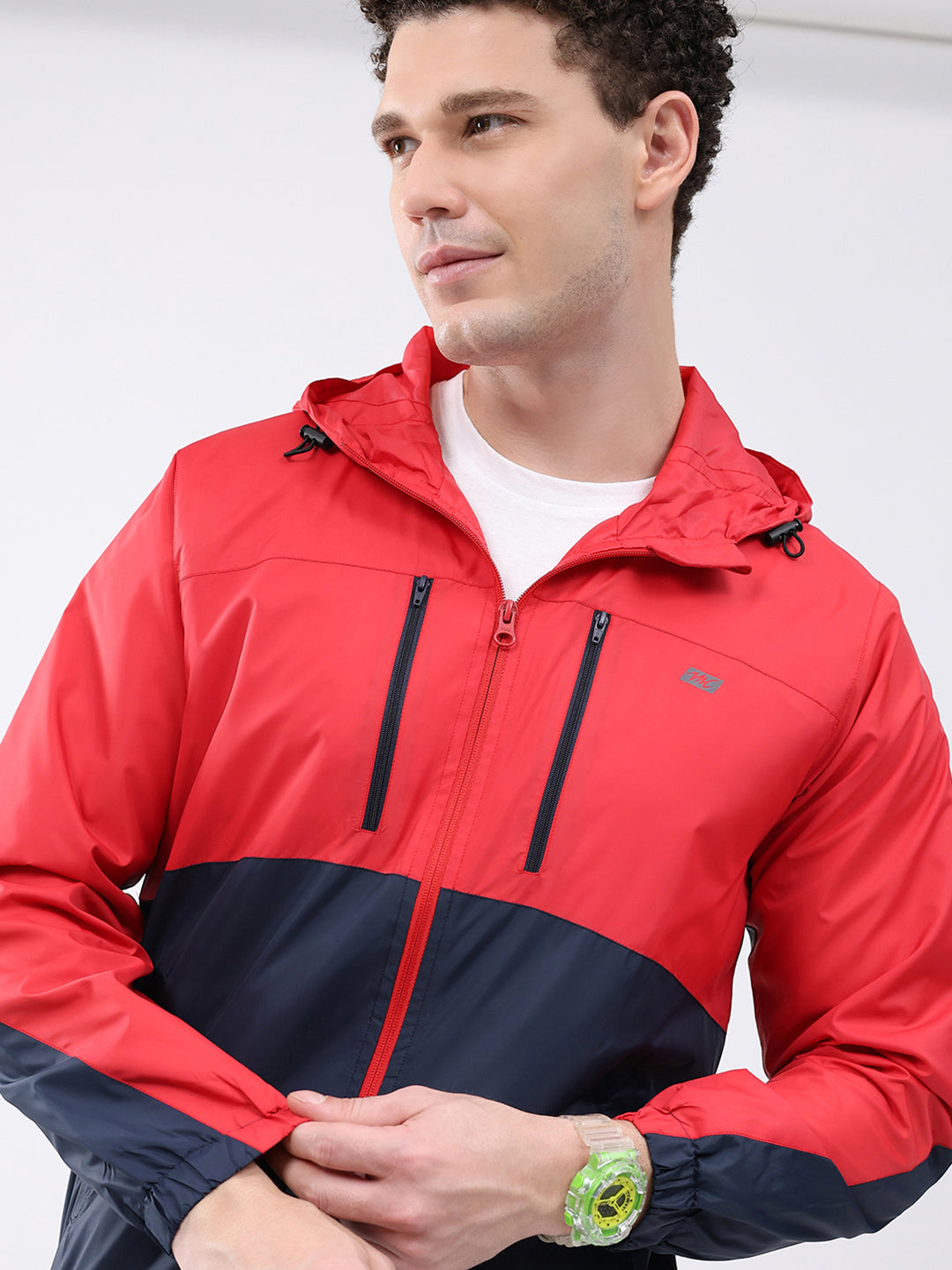 Men Red Printed Collar Full Sleeve Jacket