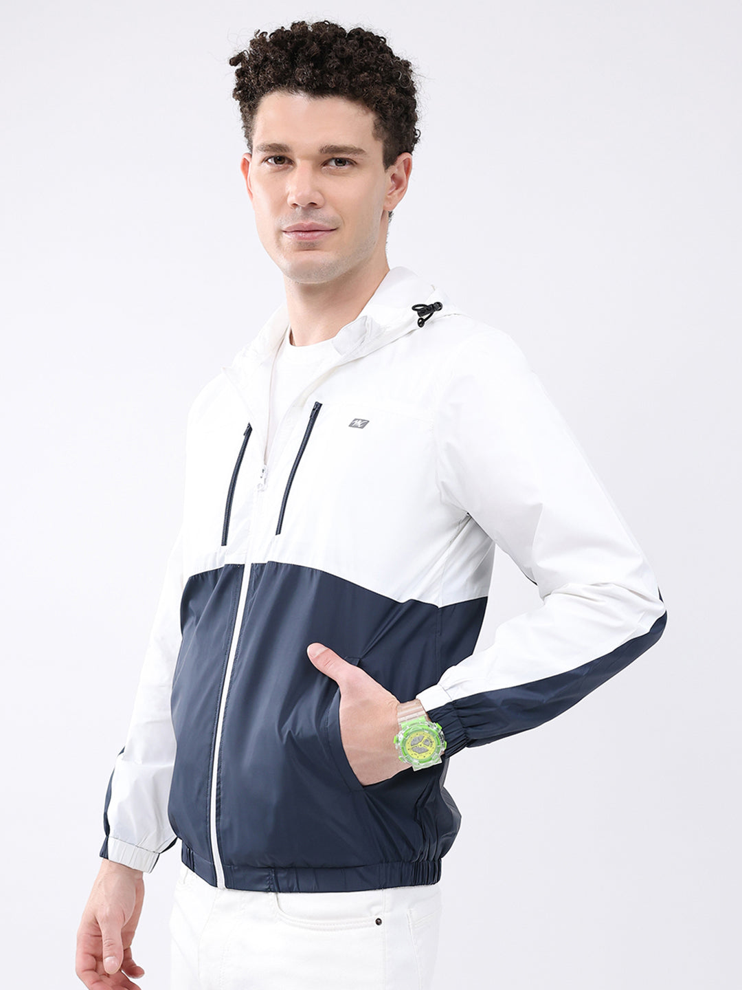 Men White Printed Collar Full Sleeve Jacket