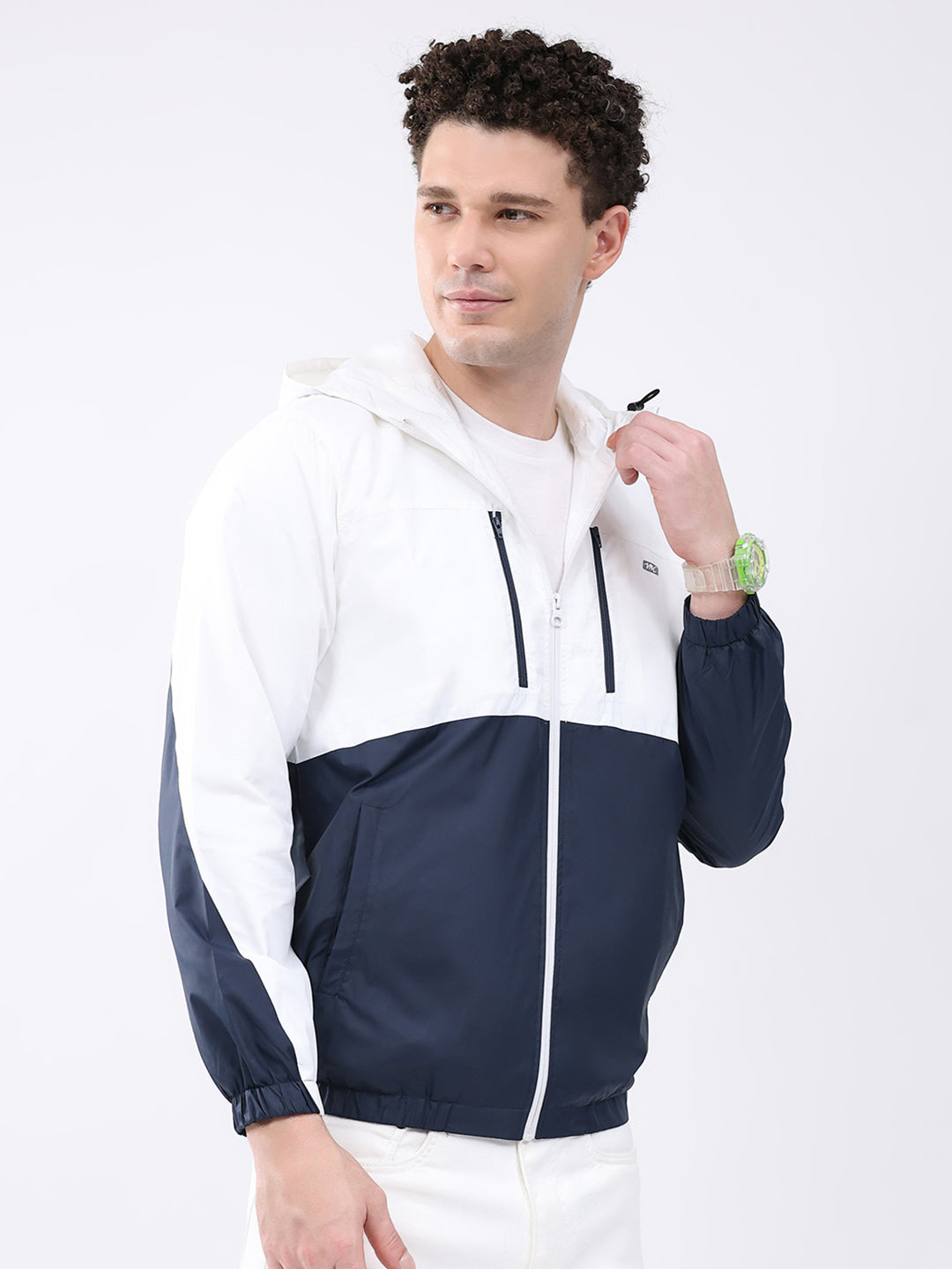 Men White Printed Collar Full Sleeve Jacket