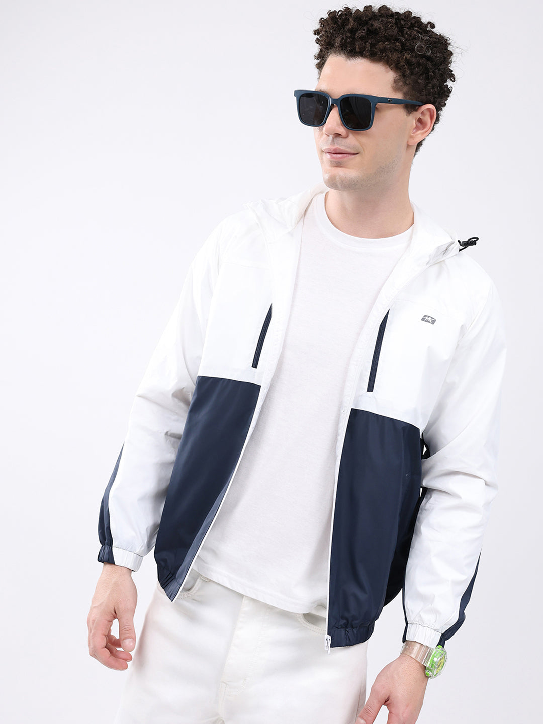 Men White Printed Collar Full Sleeve Jacket