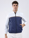 Men Navy Blue Self Design Stand Collar Full Sleeve Jacket