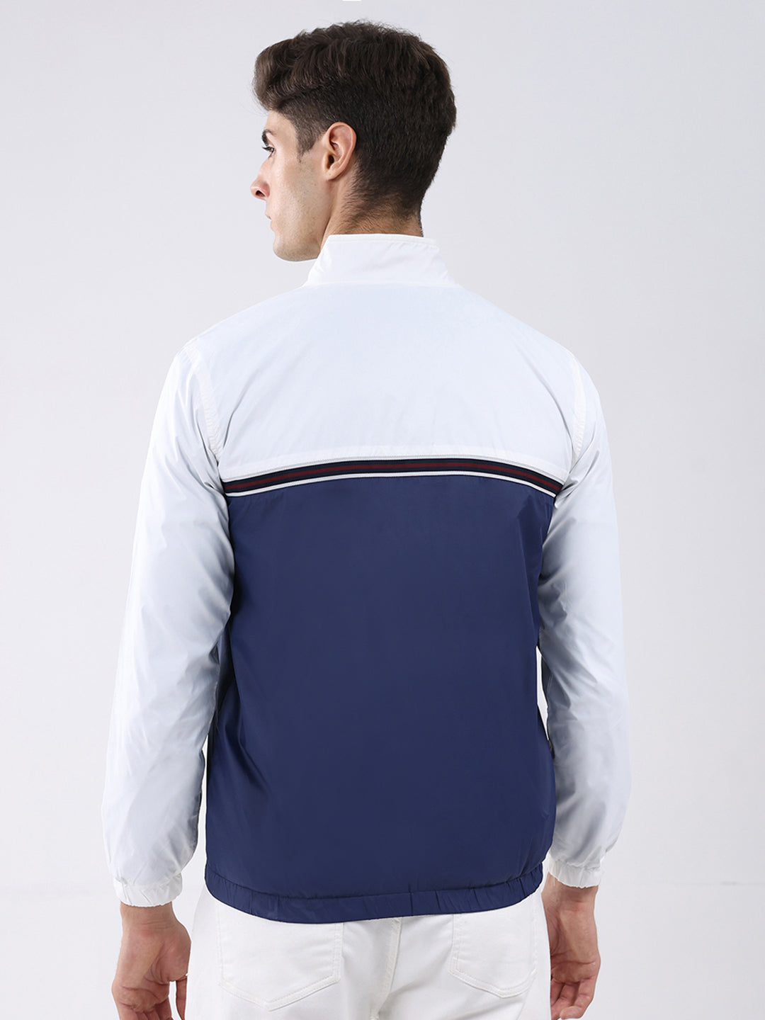 Men Navy Blue Self Design Stand Collar Full Sleeve Jacket