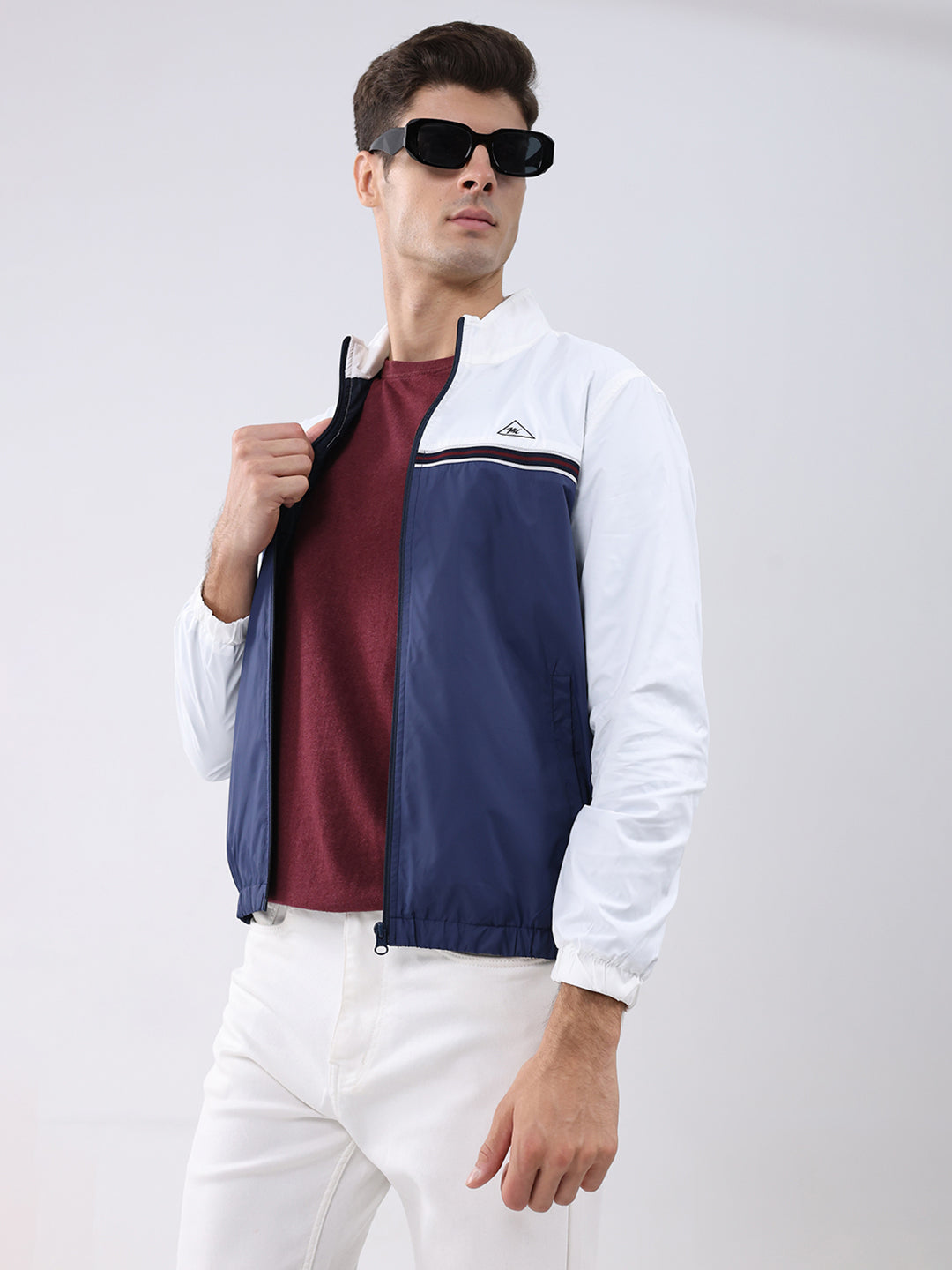 Men Navy Blue Self Design Stand Collar Full Sleeve Jacket