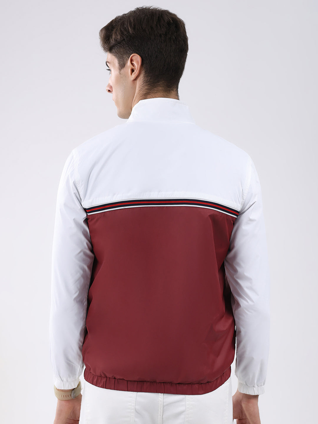Men Maroon Self Design Stand Collar Full Sleeve Jacket