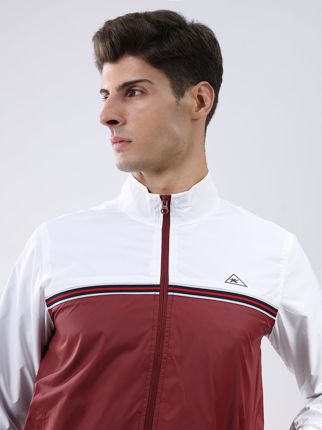 Men Maroon Self Design Stand Collar Full Sleeve Jacket