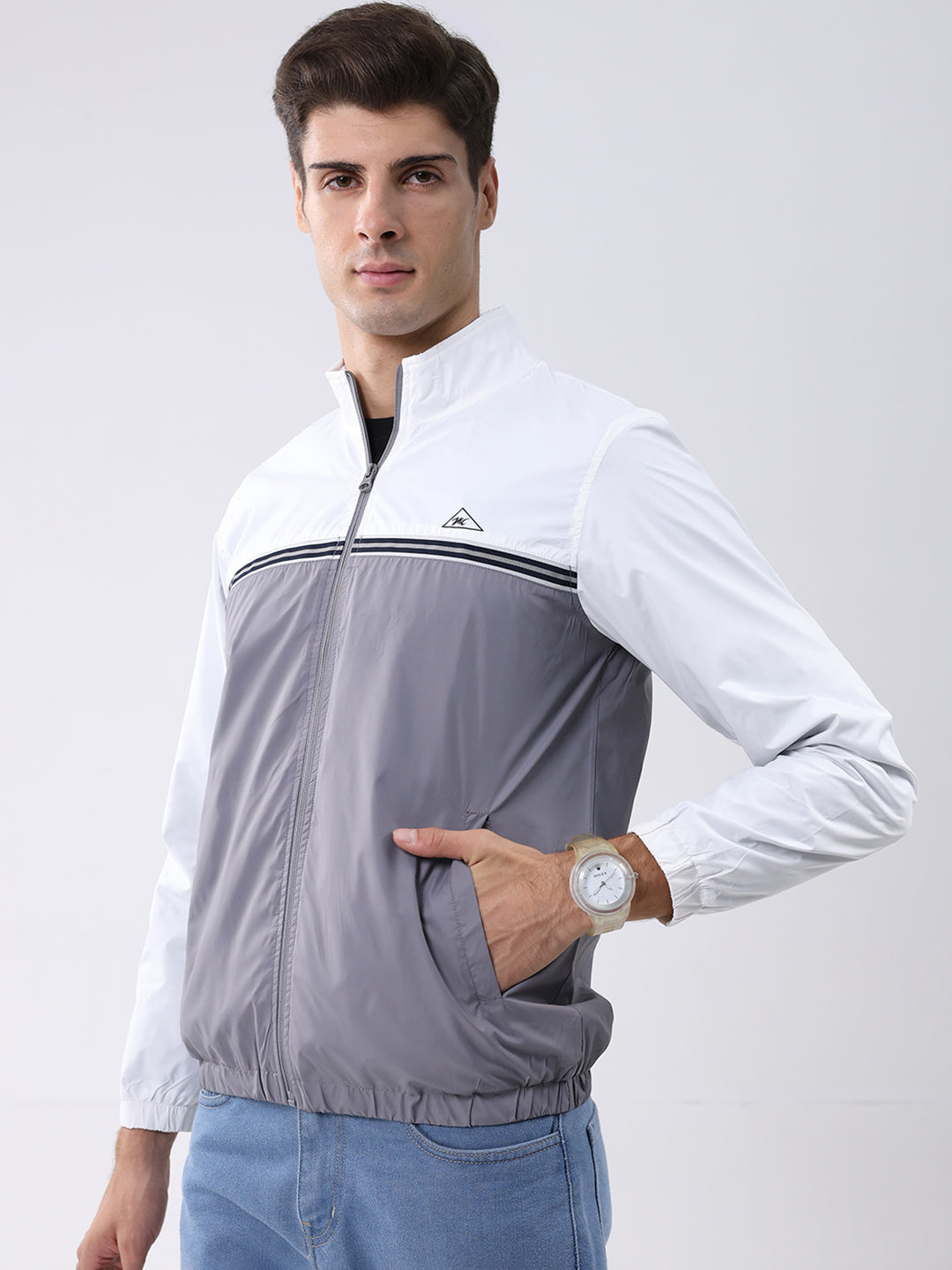Men Grey Self Design Stand Collar Full Sleeve Jacket