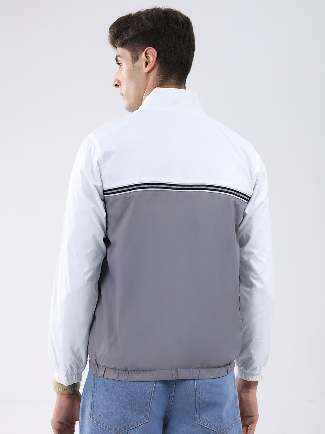 Men Grey Self Design Stand Collar Full Sleeve Jacket