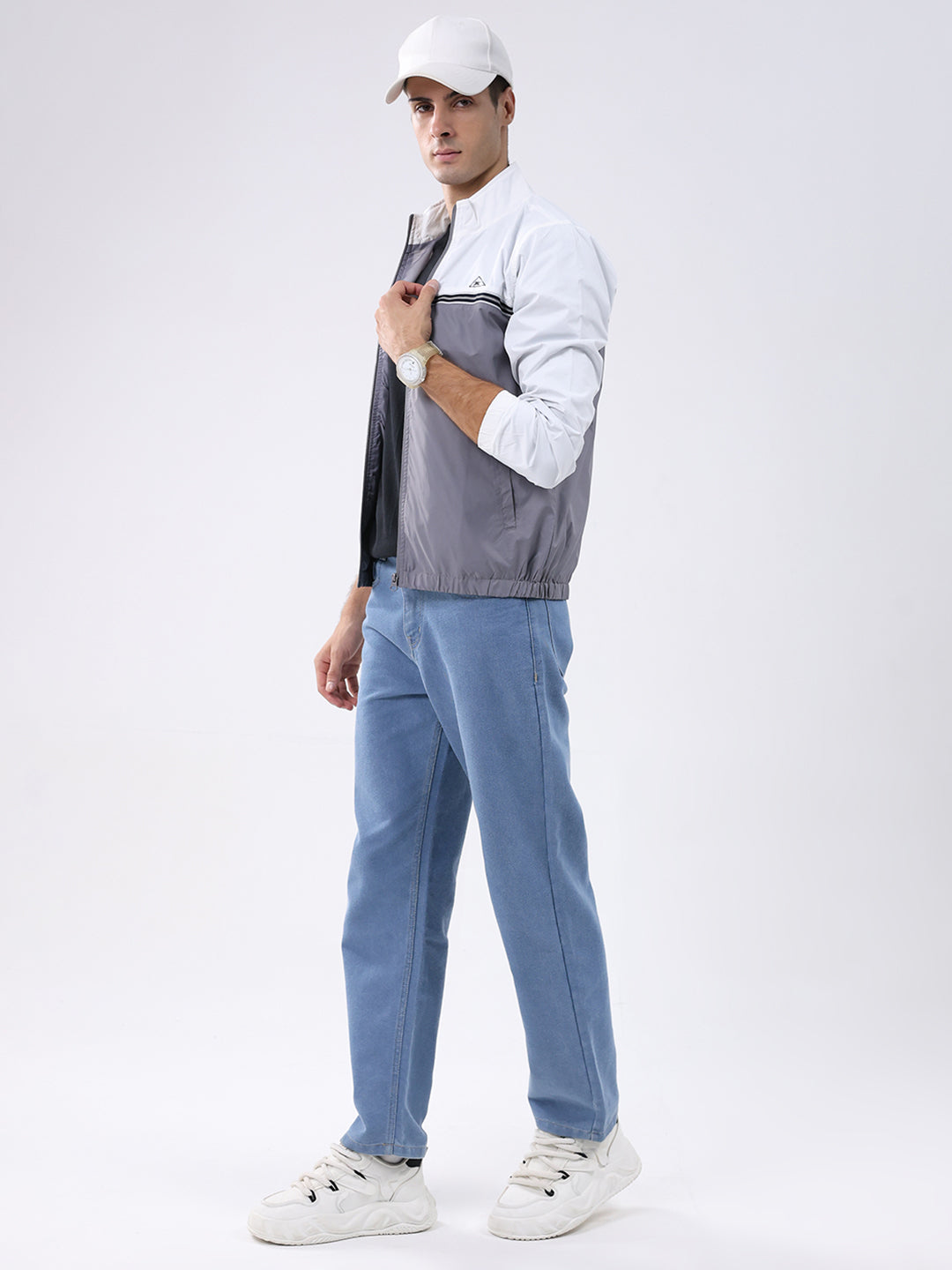 Men Grey Self Design Stand Collar Full Sleeve Jacket