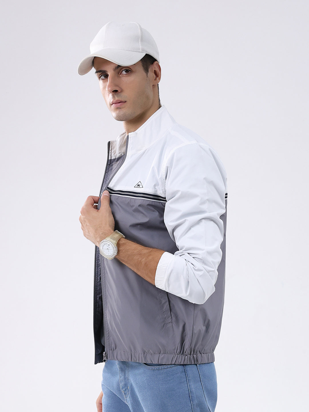 Men Grey Self Design Stand Collar Full Sleeve Jacket