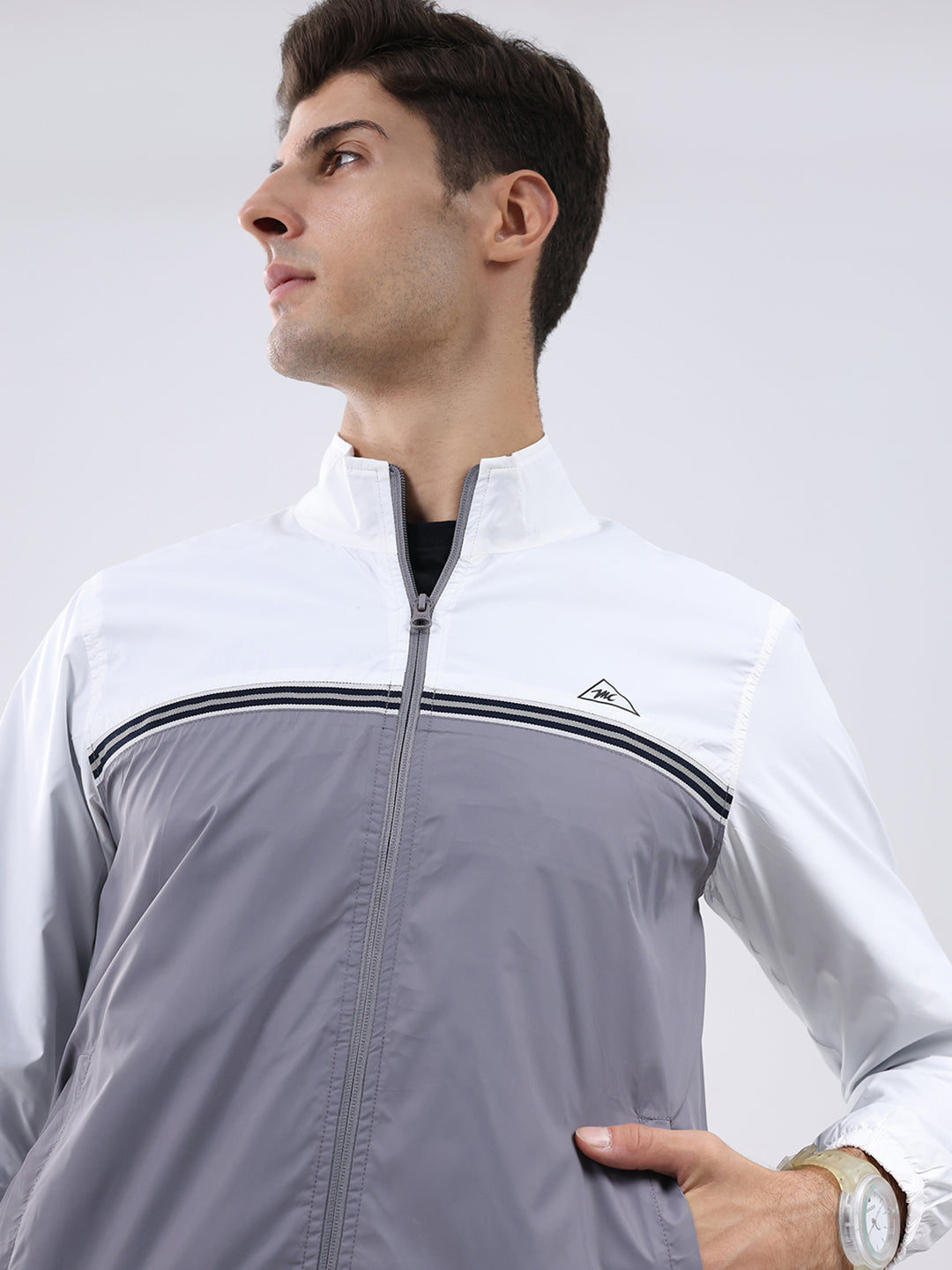 Men Grey Self Design Stand Collar Full Sleeve Jacket