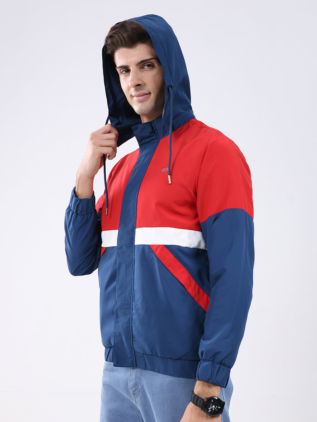 Men Red Colourblocked Hooded Full Sleeve Jacket