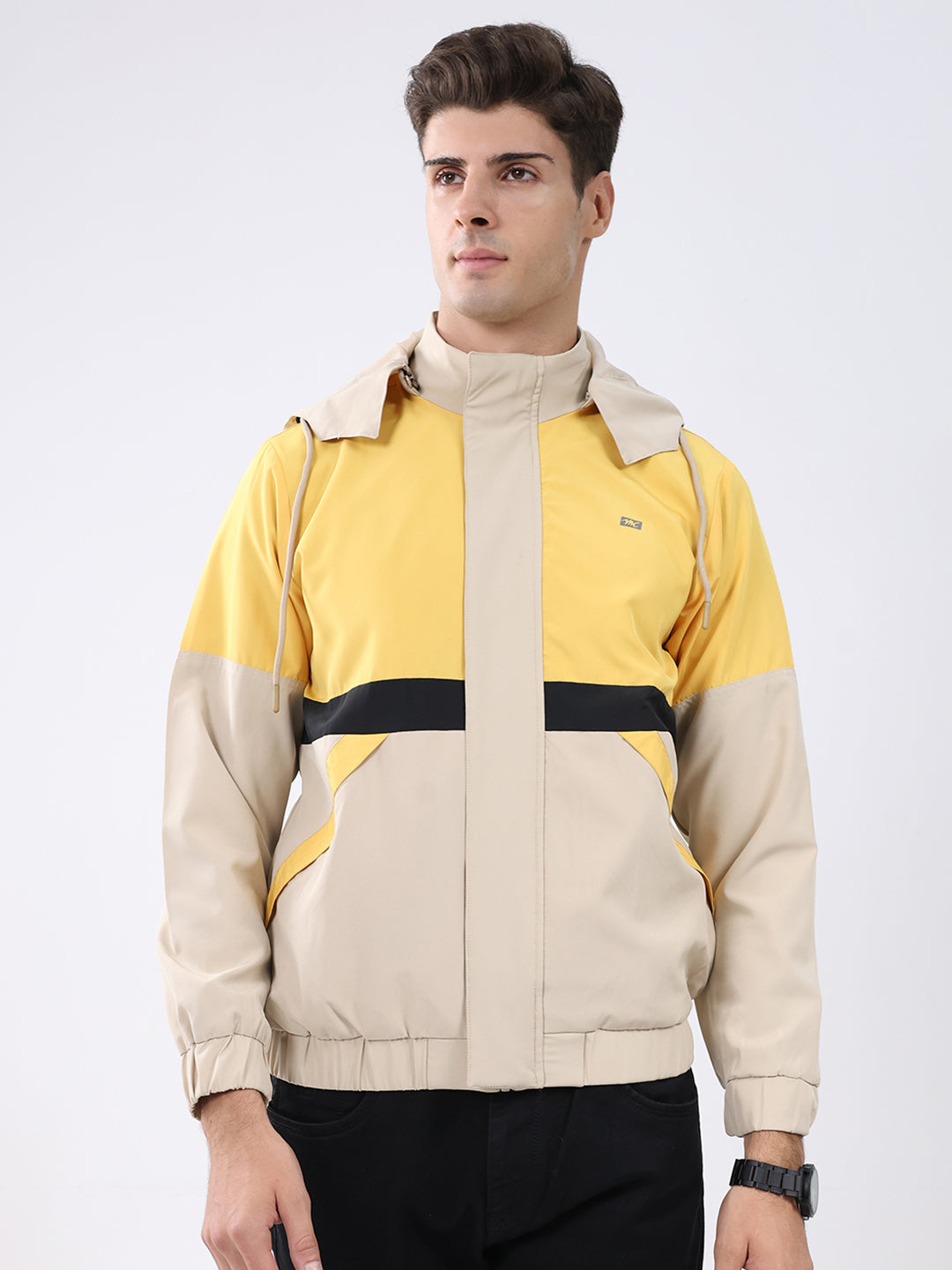 Men Yellow Colourblocked Hooded Full Sleeve Jacket