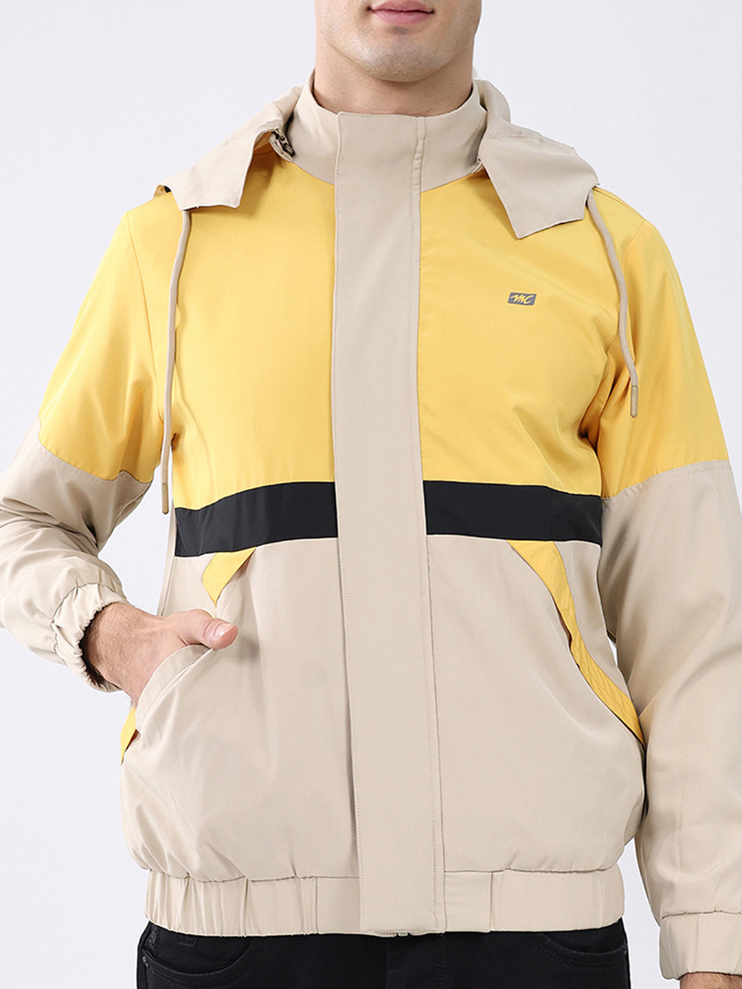 Men Yellow Colourblocked Hooded Full Sleeve Jacket