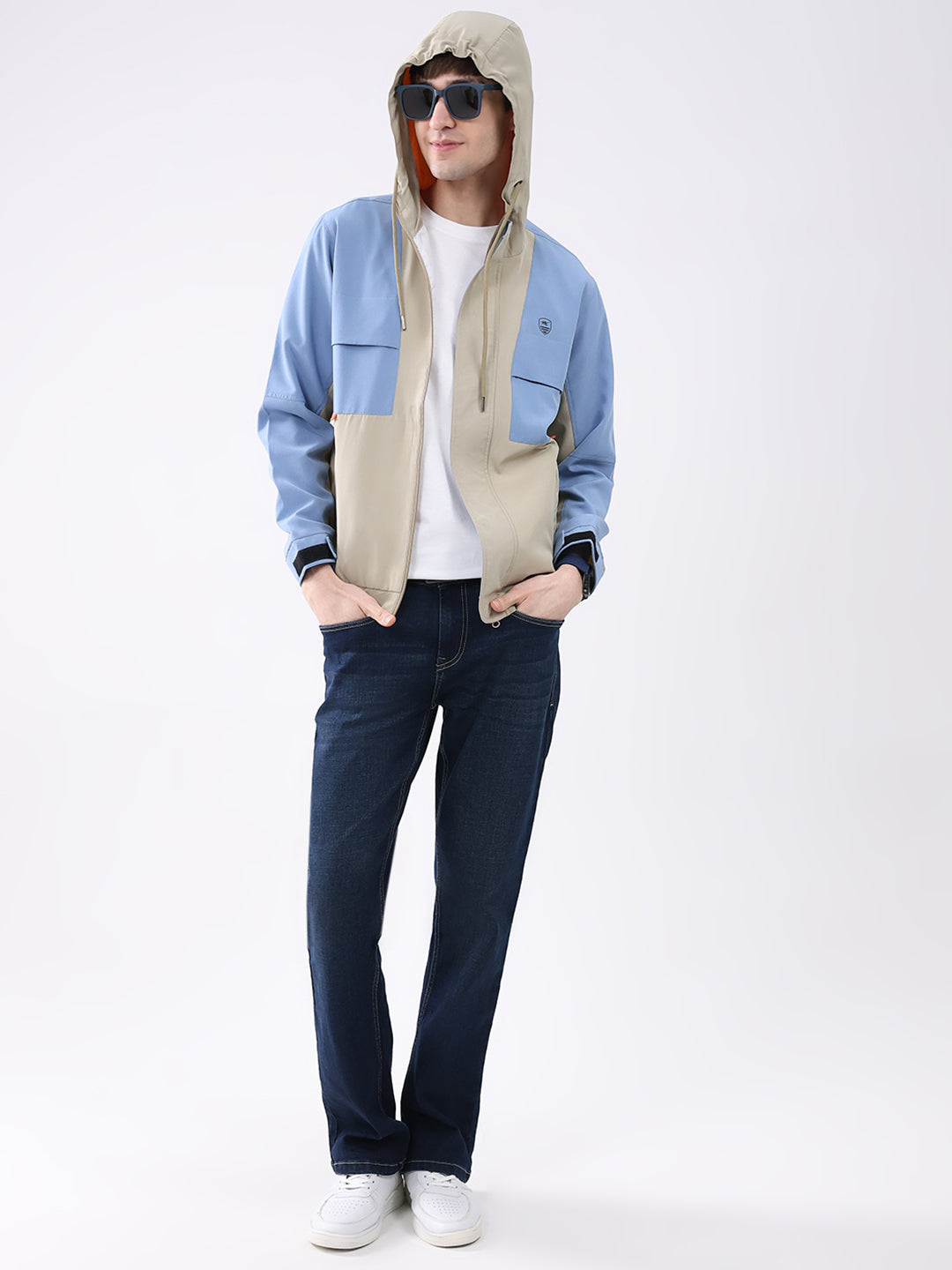 Men Sky Blue Printed Collar Full Sleeve Jacket
