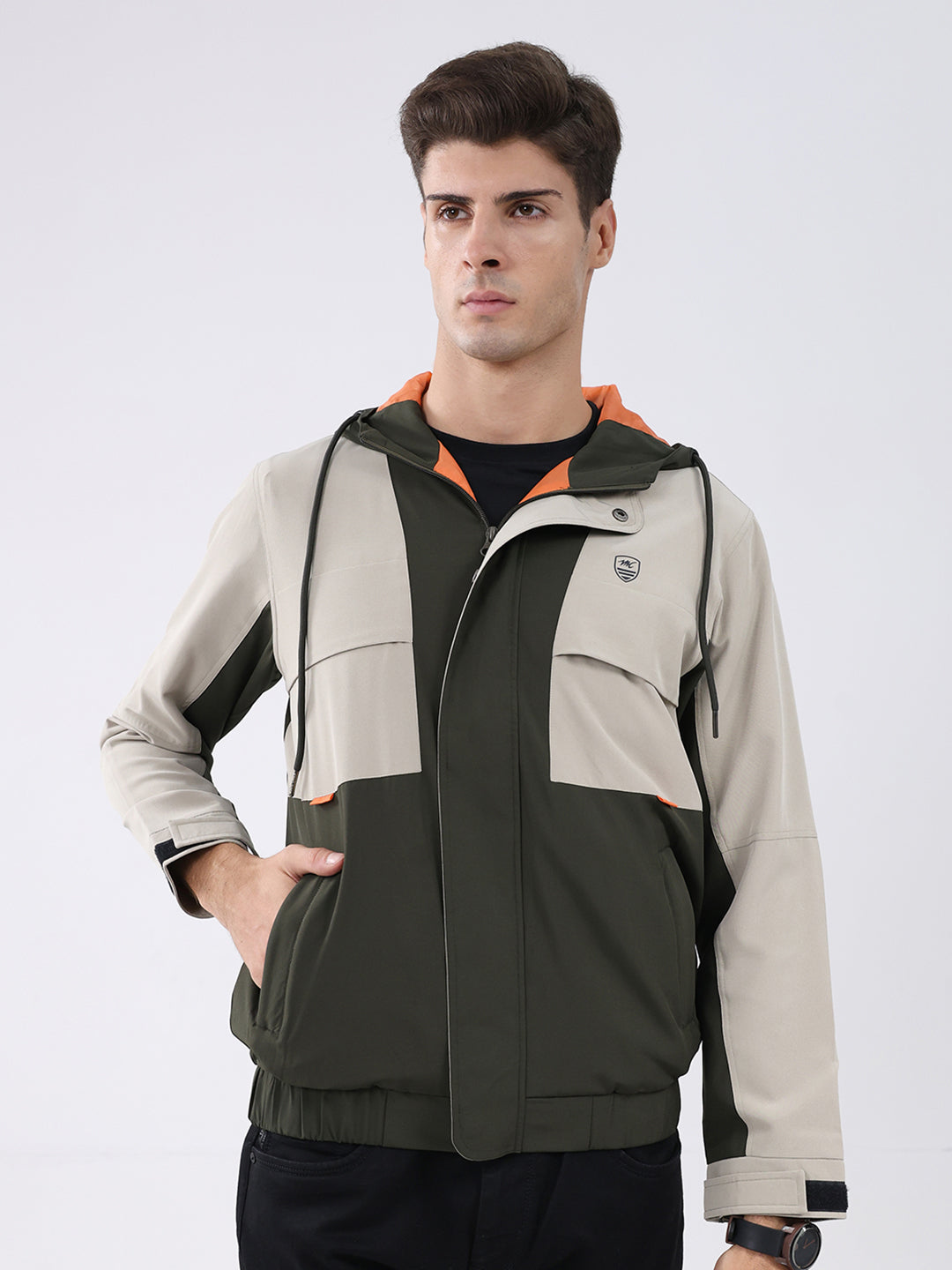 Men Olive Colourblocked Hooded Full Sleeve Jacket