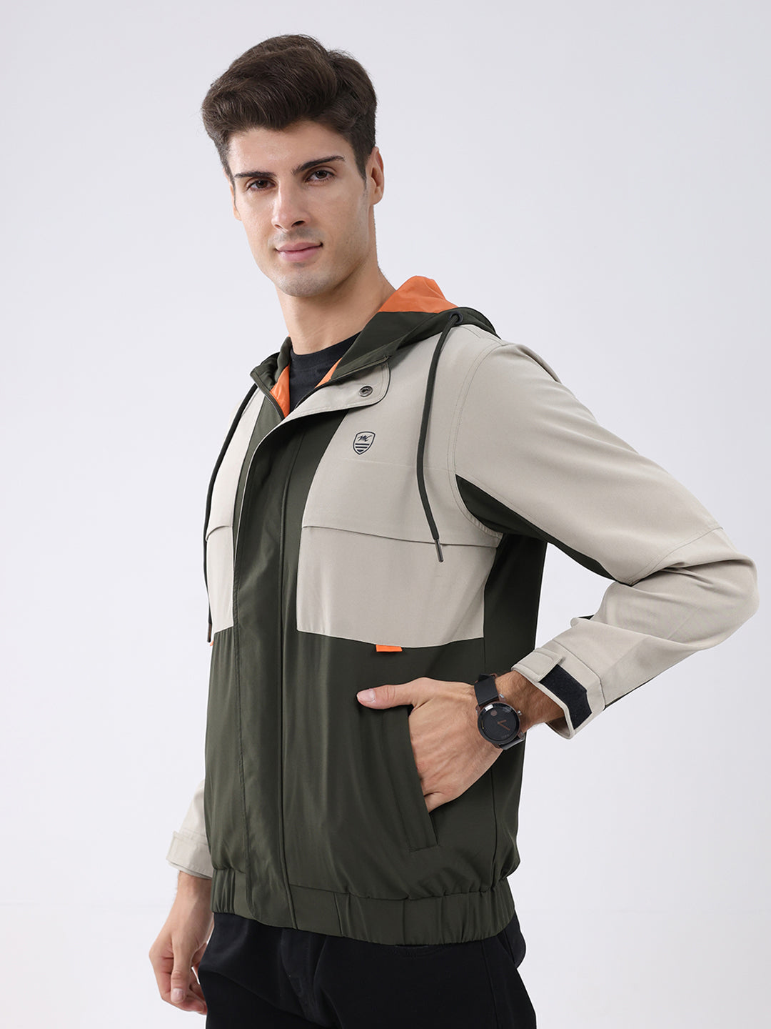 Men Olive Colourblocked Hooded Full Sleeve Jacket
