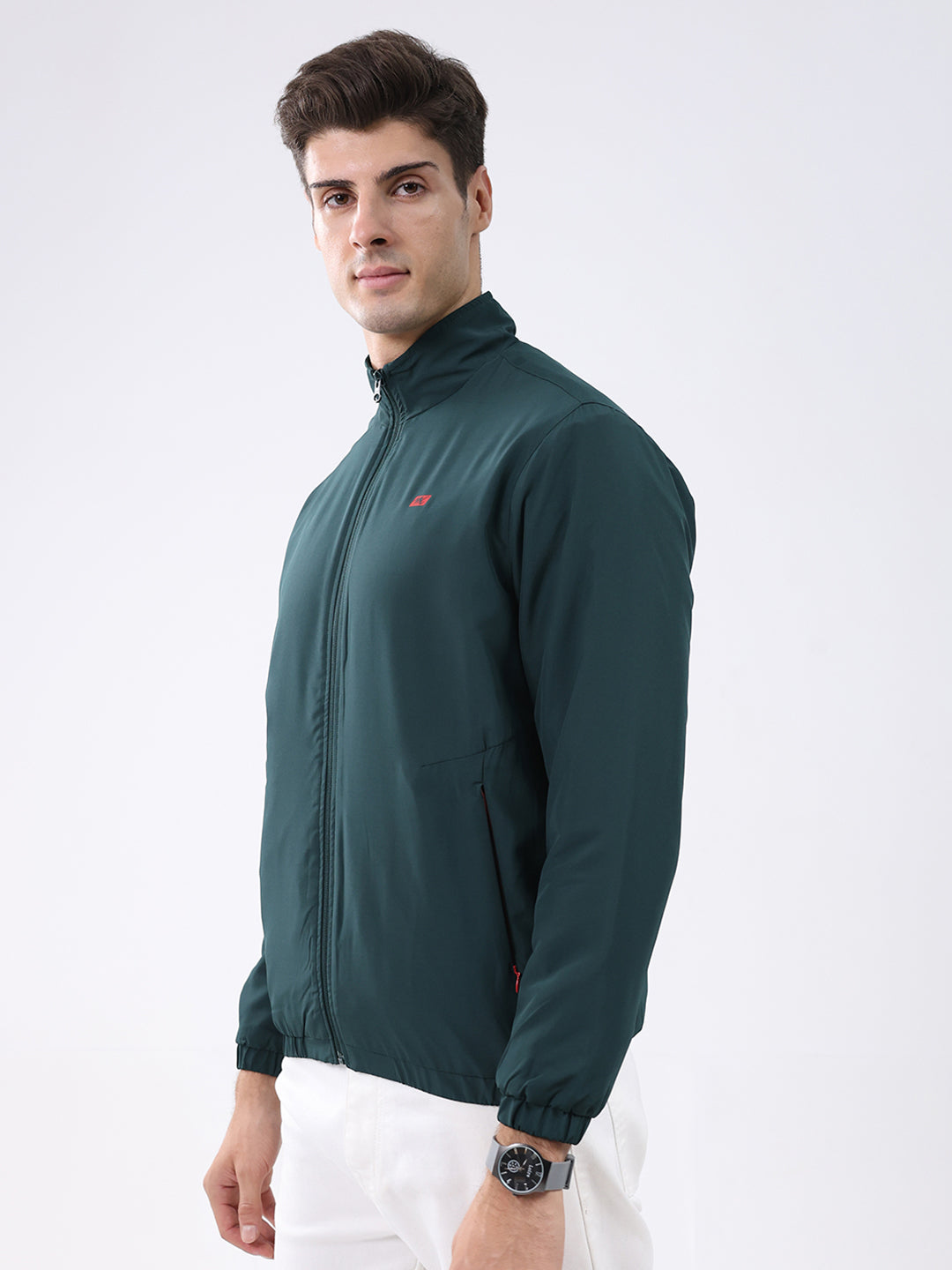 Men Dark Green Solid Stand Collar Full Sleeve Jacket