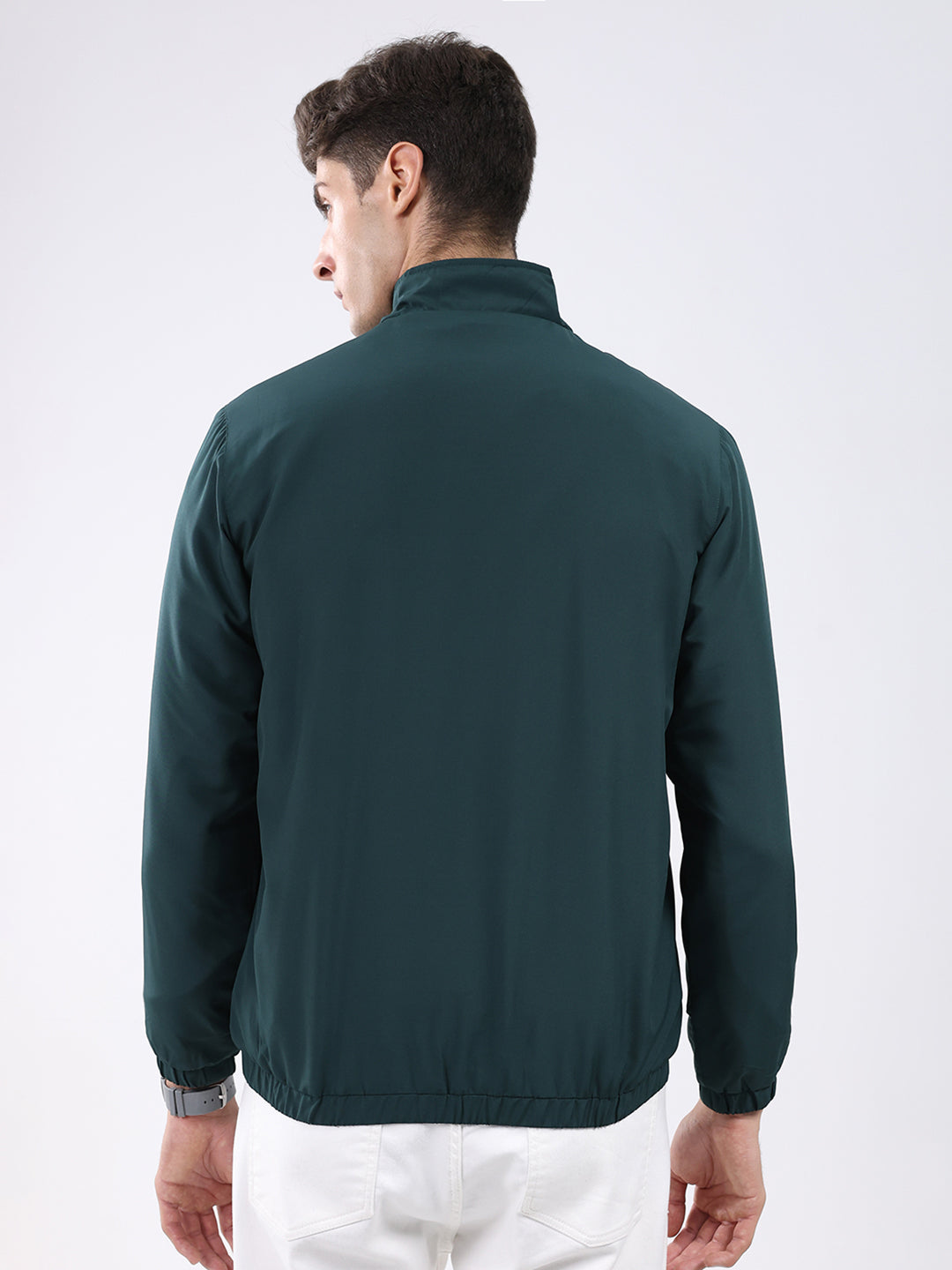Men Dark Green Solid Stand Collar Full Sleeve Jacket