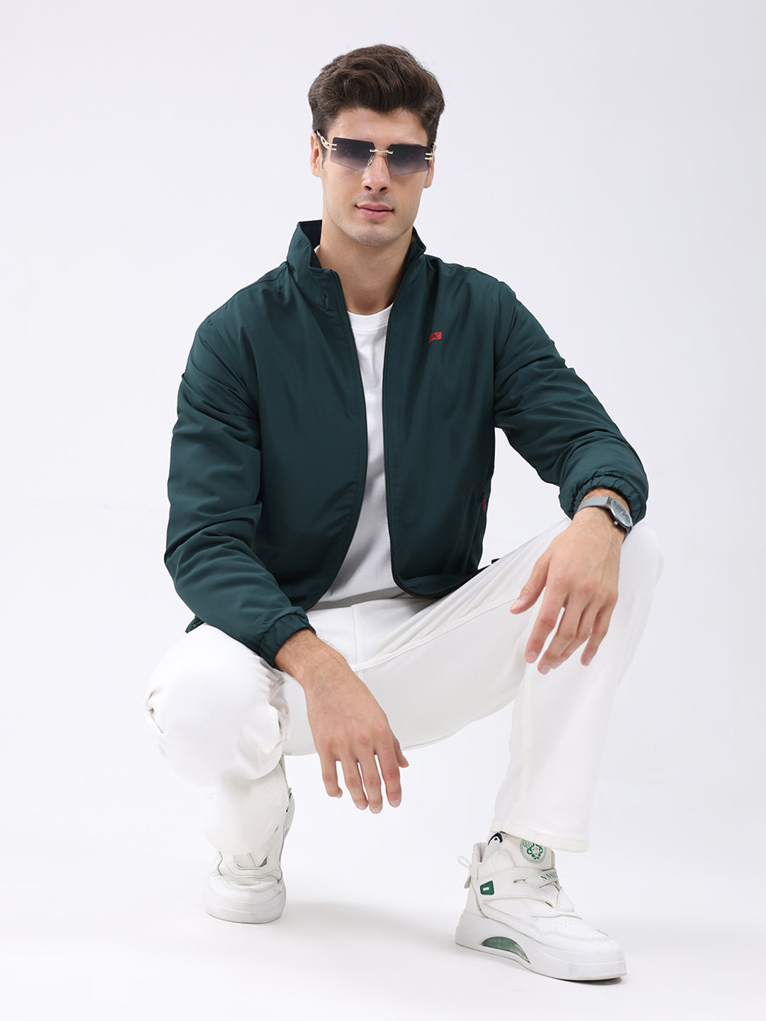 Men Dark Green Solid Stand Collar Full Sleeve Jacket