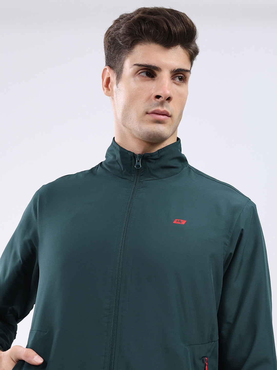 Men Dark Green Solid Stand Collar Full Sleeve Jacket