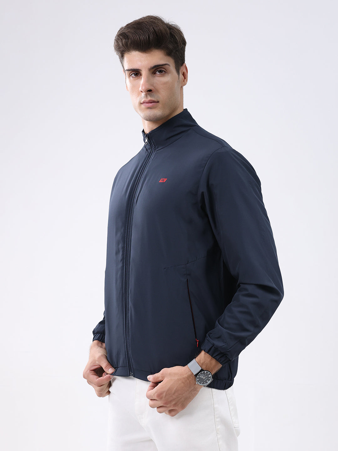 Men Navy Blue Solid Stand Collar Full Sleeve Jacket