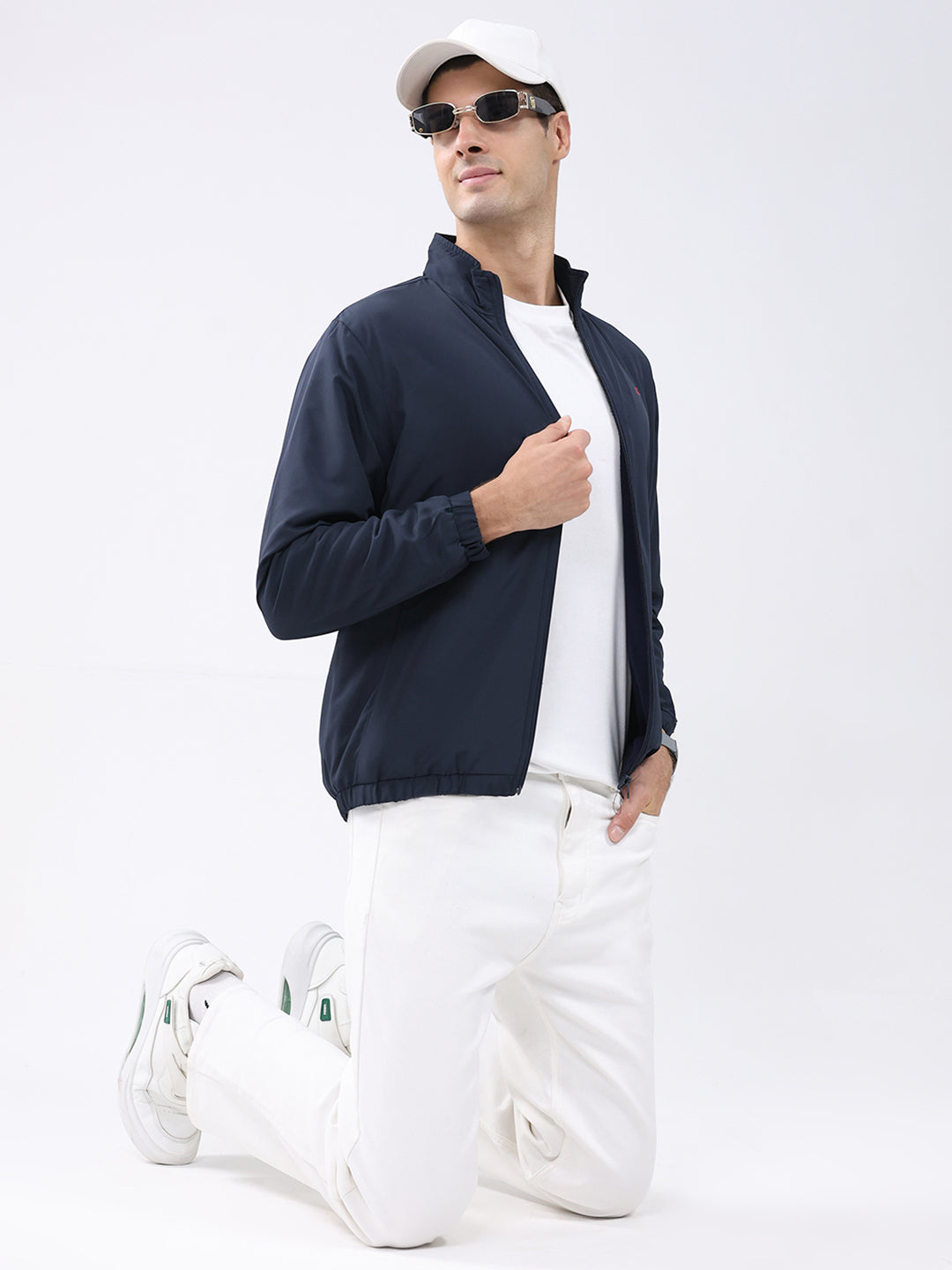 Men Navy Blue Solid Stand Collar Full Sleeve Jacket