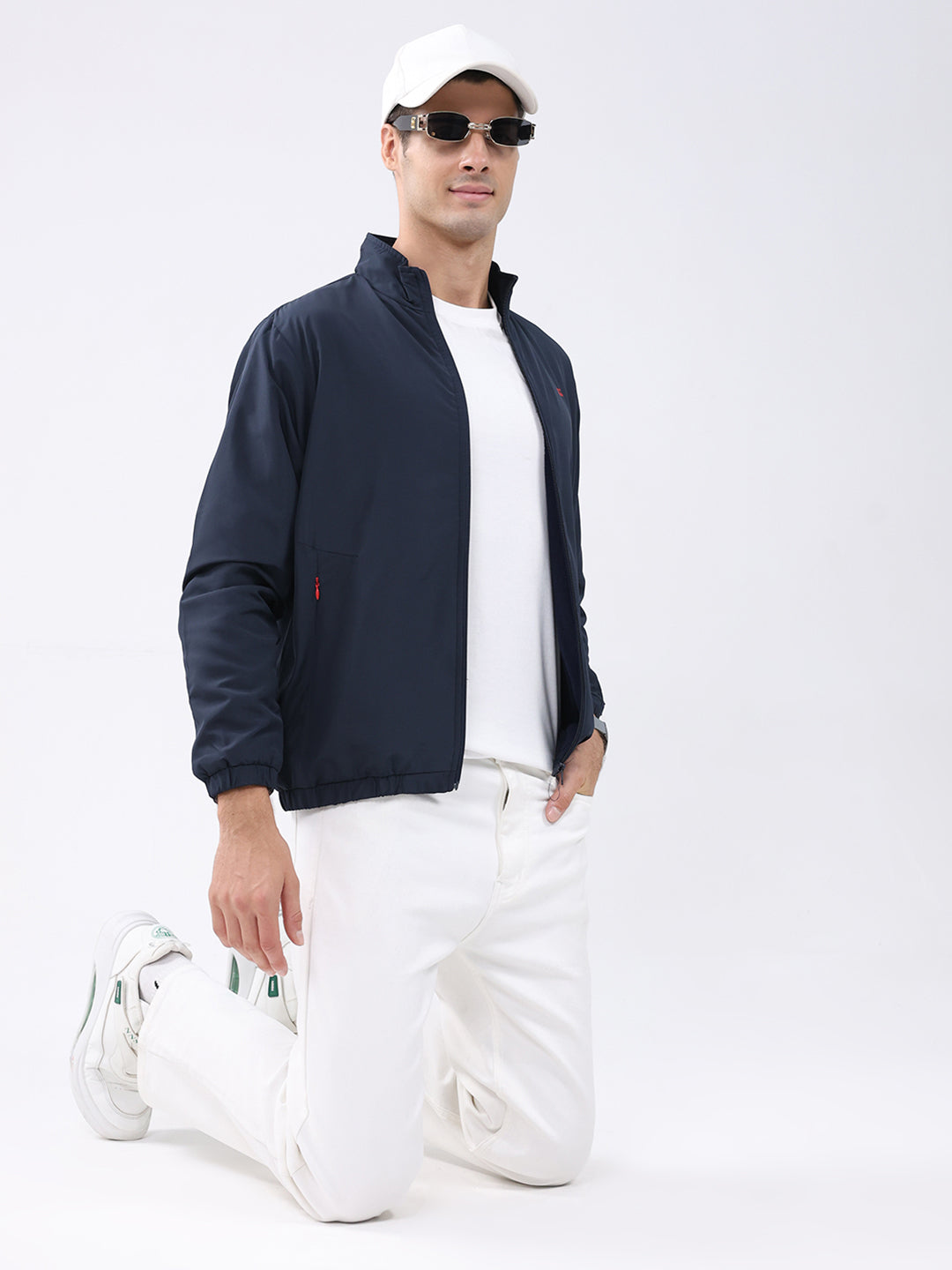 Men Navy Blue Solid Stand Collar Full Sleeve Jacket