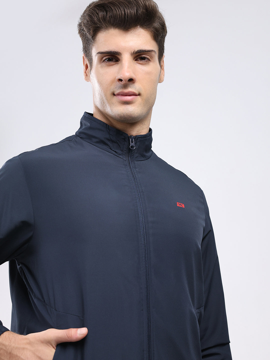 Men Navy Blue Solid Stand Collar Full Sleeve Jacket