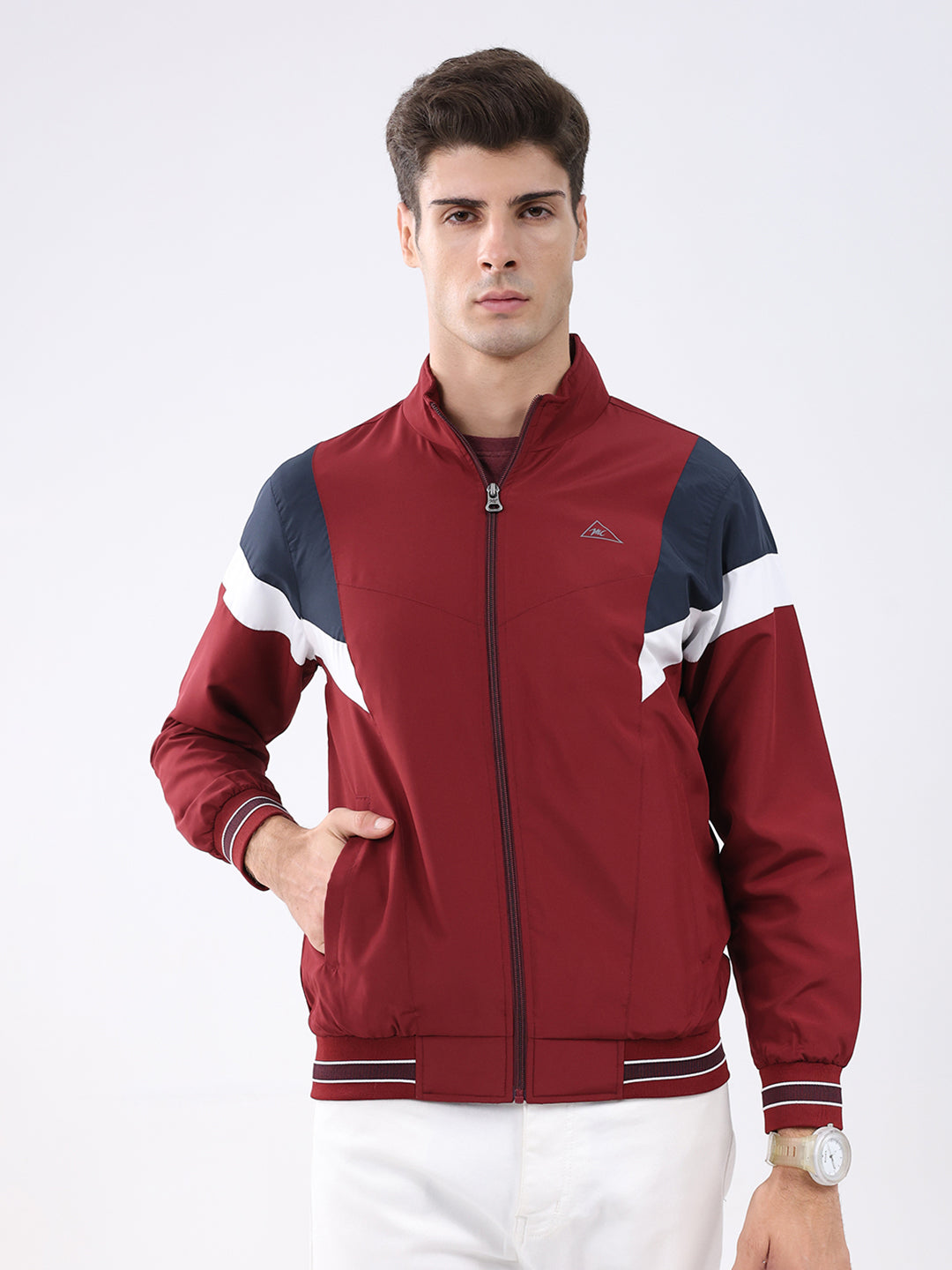 Men Maroon Self Design Stand Collar Full Sleeve Jacket