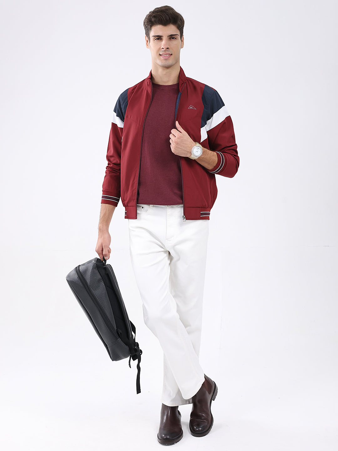 Men Maroon Self Design Stand Collar Full Sleeve Jacket