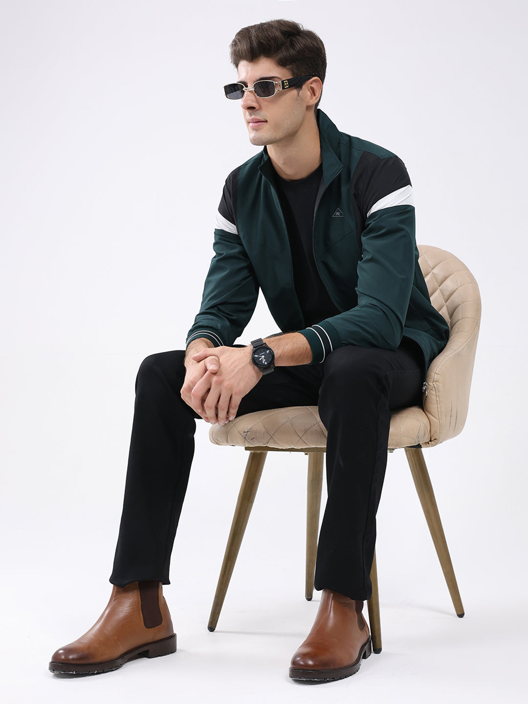 Men Green Self Design Stand Collar Full Sleeve Jacket