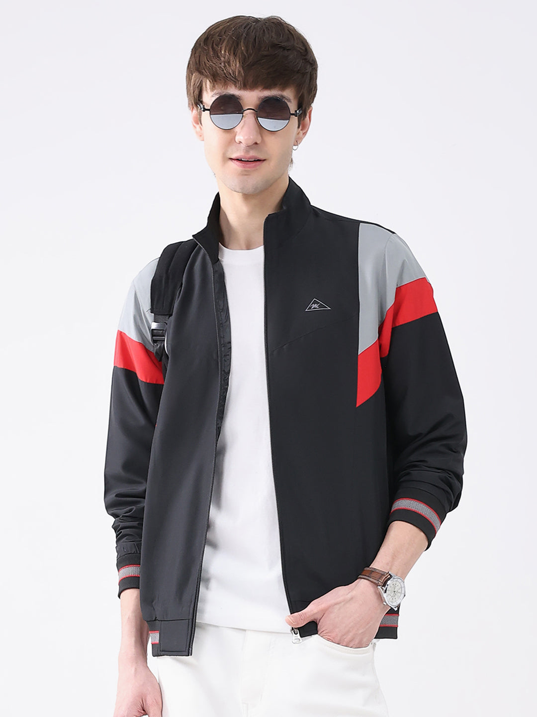 Men Black Printed Collar Full Sleeve Jacket