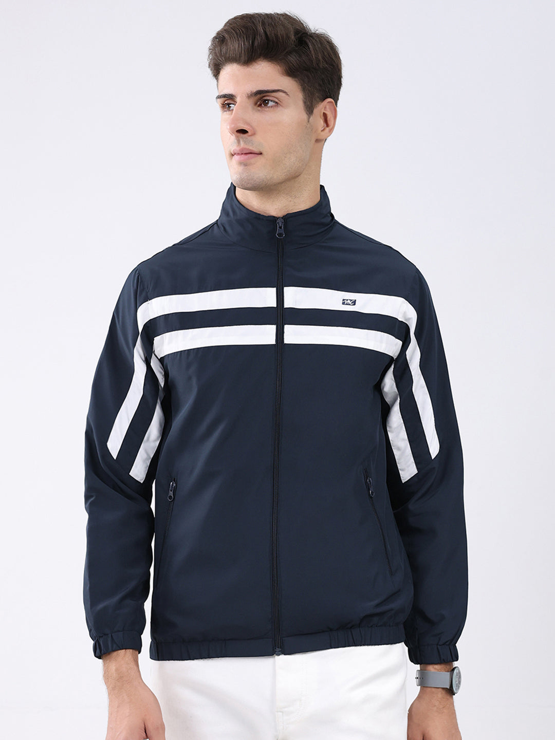 Men Navy Blue Stripe Stand Collar Full Sleeve Jacket