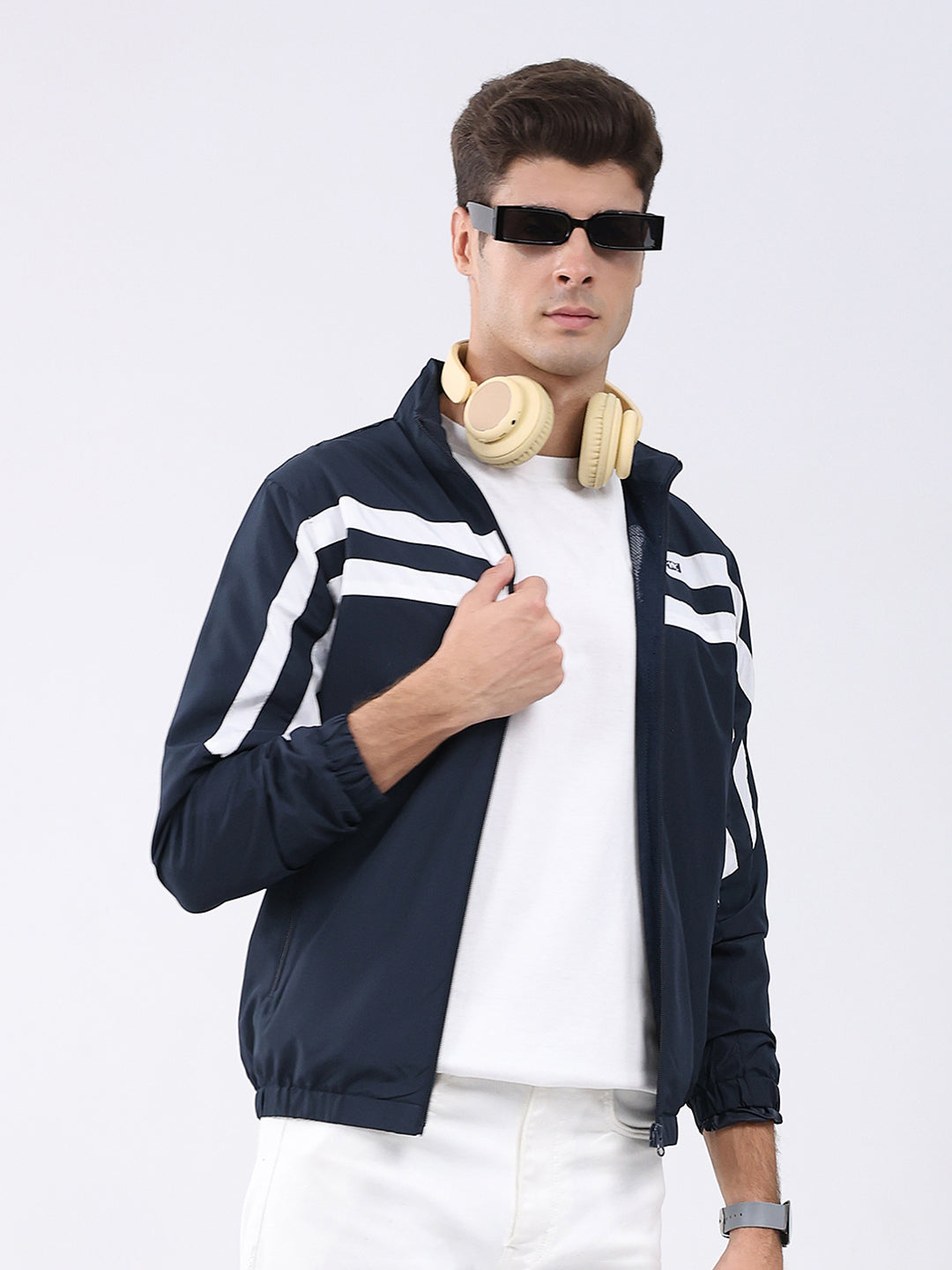 Men Navy Blue Stripe Stand Collar Full Sleeve Jacket