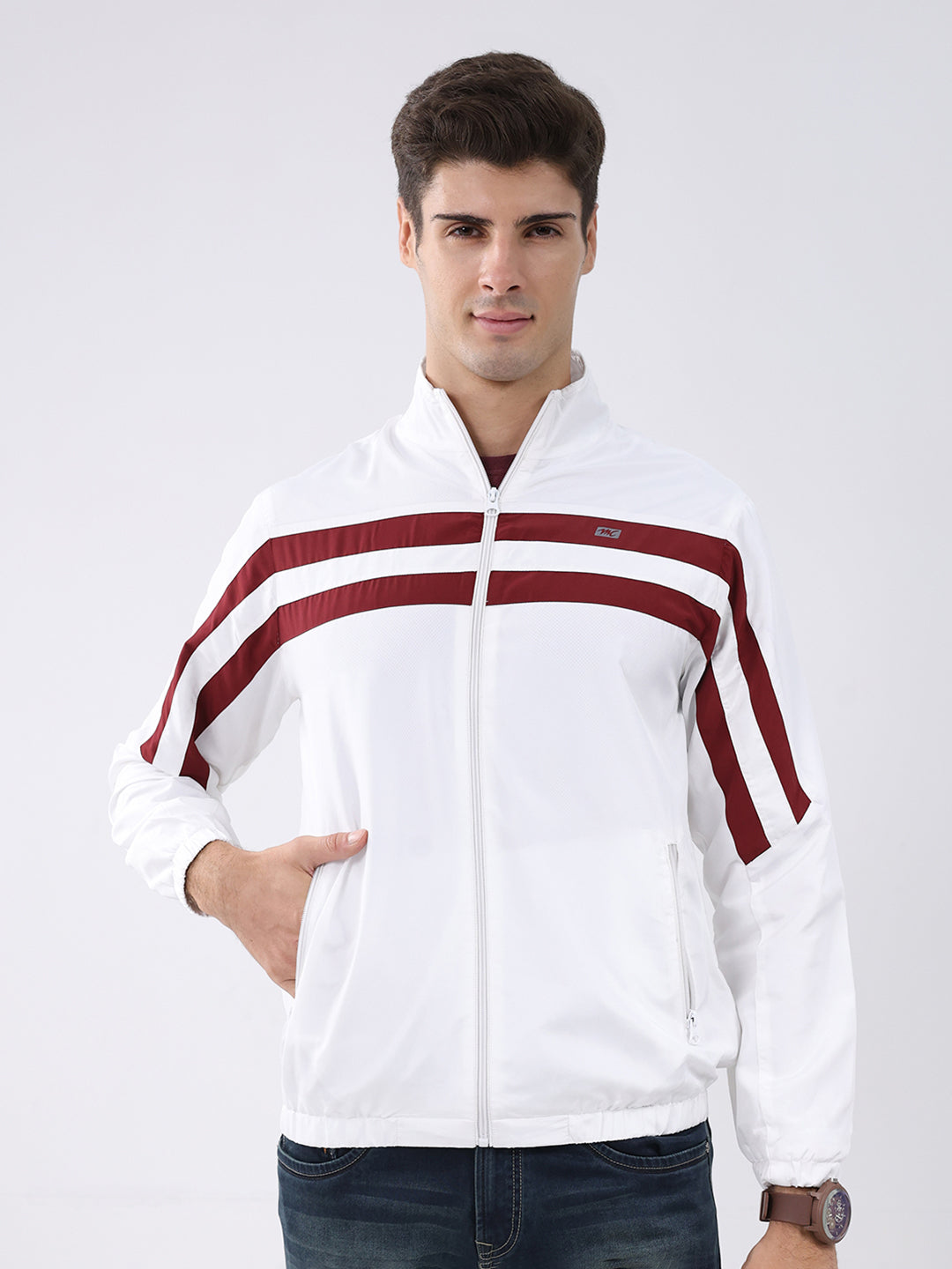 Men White Stripe Stand Collar Full Sleeve Jacket