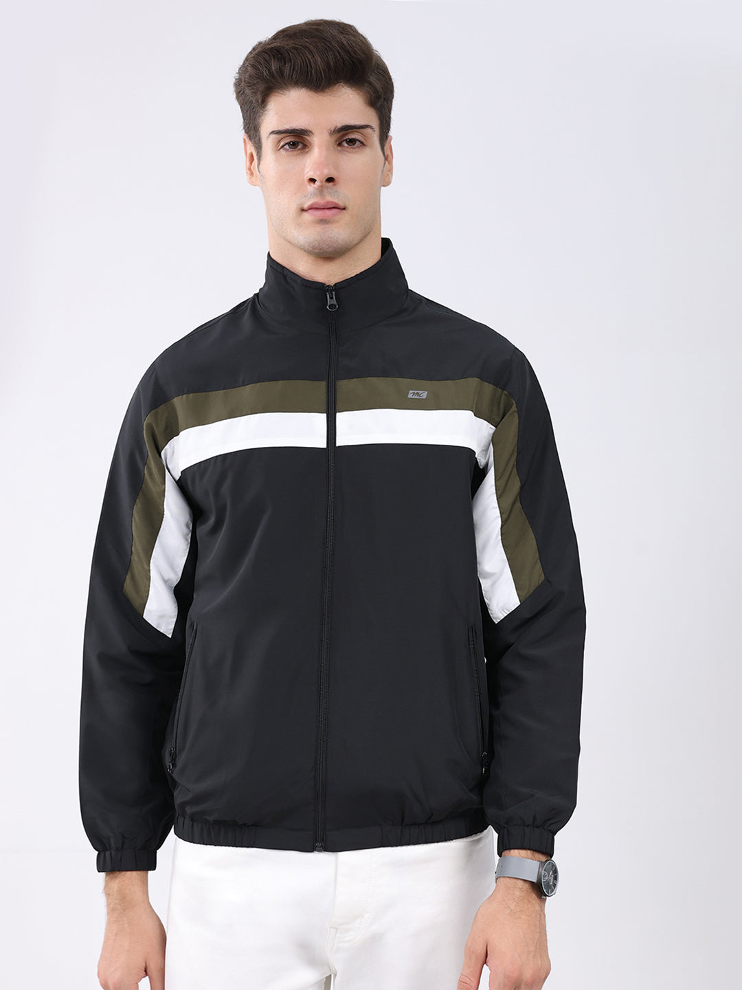 Men Black Stripe Stand Collar Full Sleeve Jacket