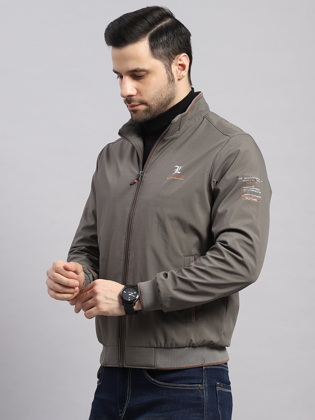 Luxuria Men Grey Solid Stand Collar Full Sleeve Jacket