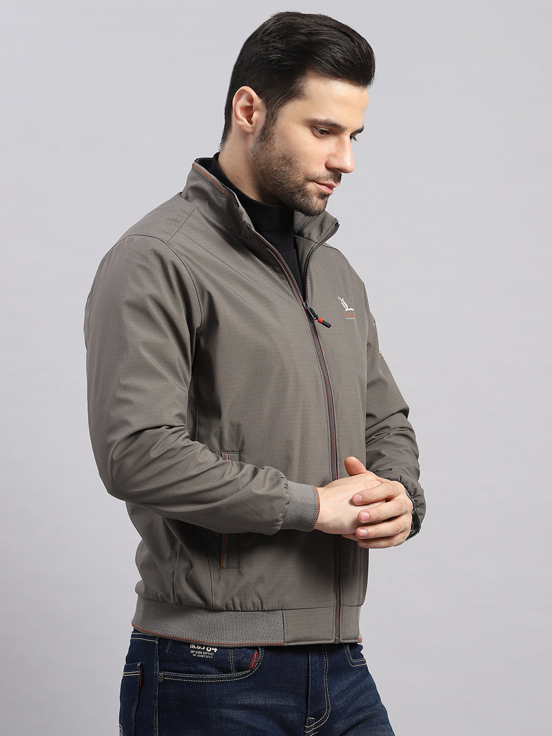 Luxuria Men Grey Solid Stand Collar Full Sleeve Jacket