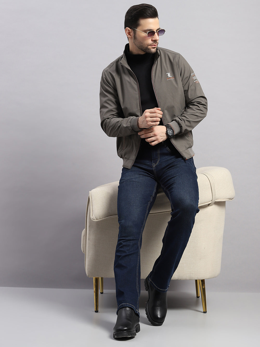 Luxuria Men Grey Solid Stand Collar Full Sleeve Jacket