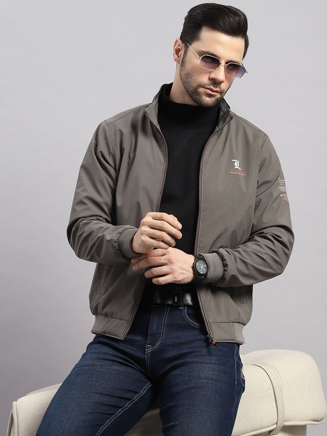 Luxuria Men Grey Solid Stand Collar Full Sleeve Jacket