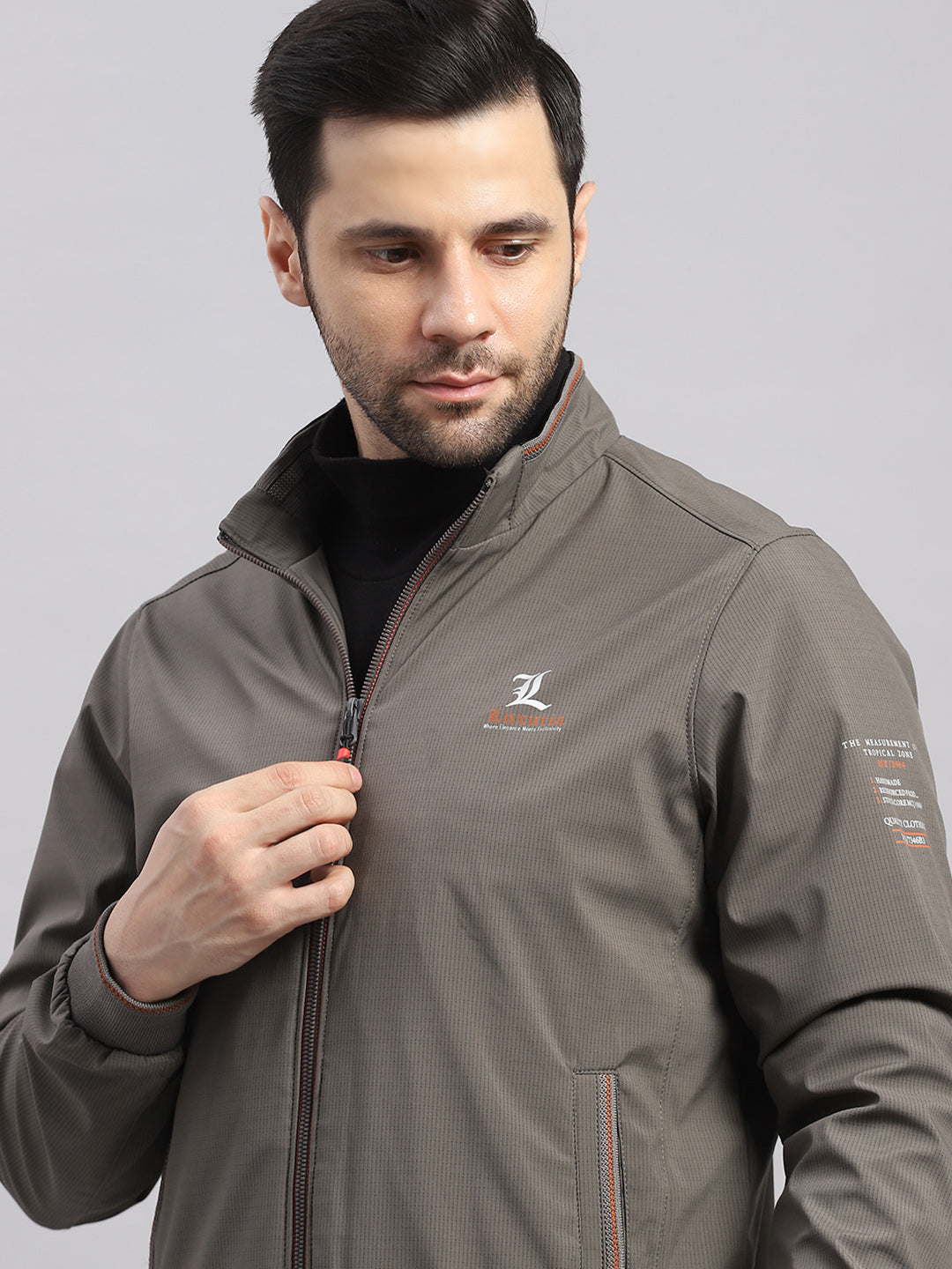 Luxuria Men Grey Solid Stand Collar Full Sleeve Jacket