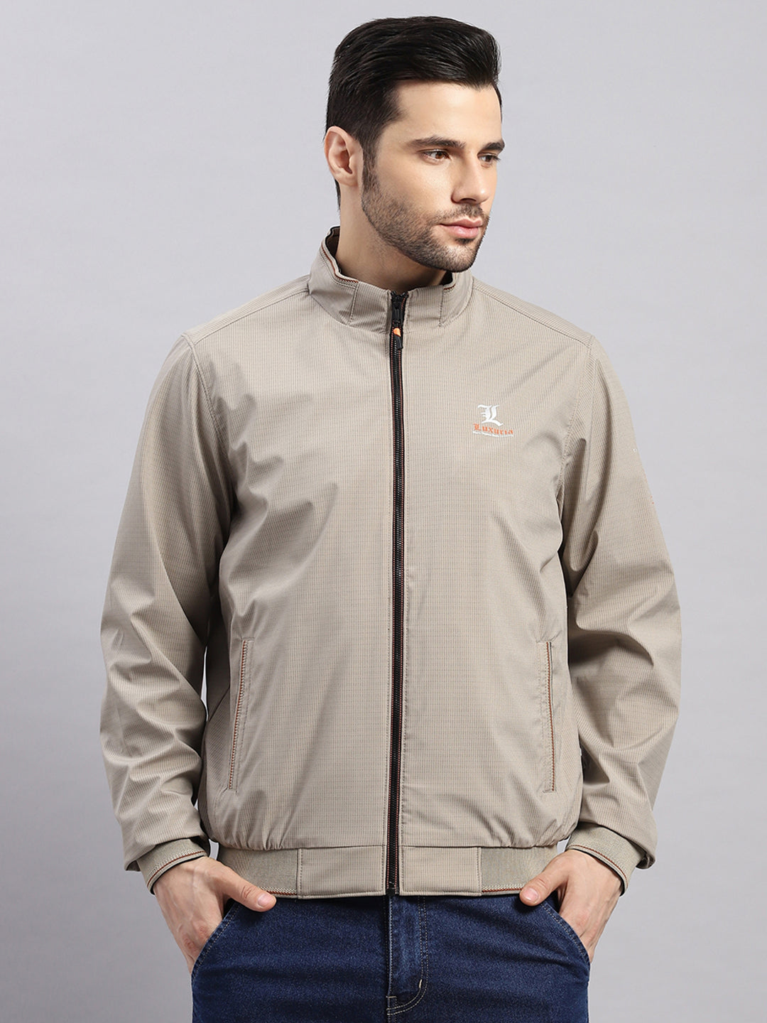 Luxuria Men Beige Solid Stand Collar Full Sleeve Jacket