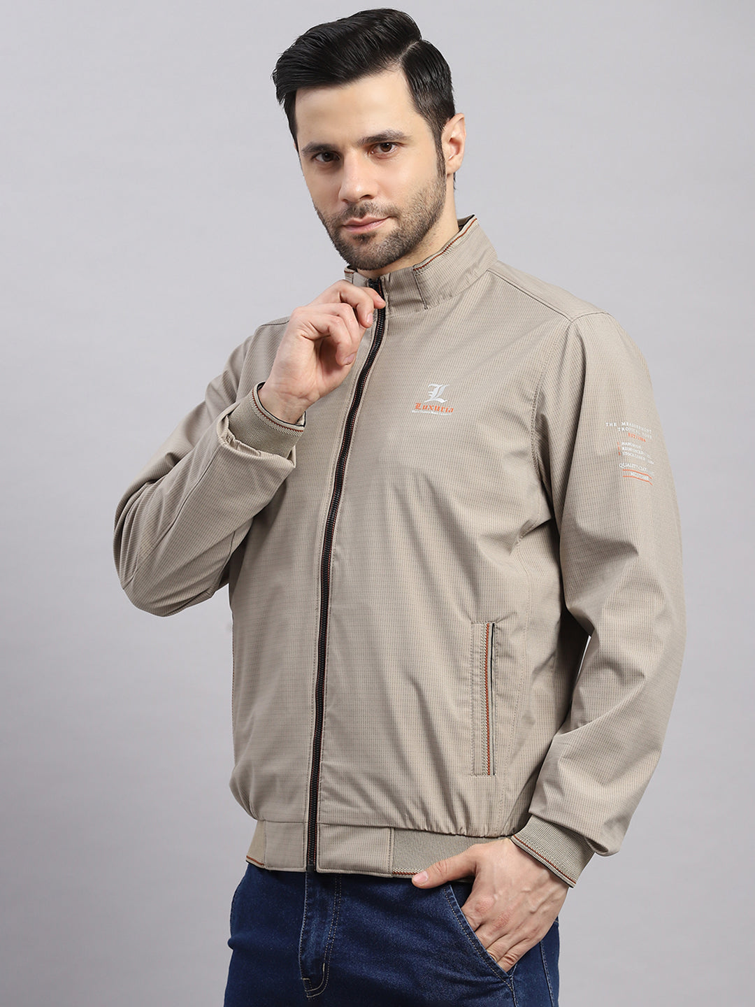 Luxuria Men Beige Solid Stand Collar Full Sleeve Jacket