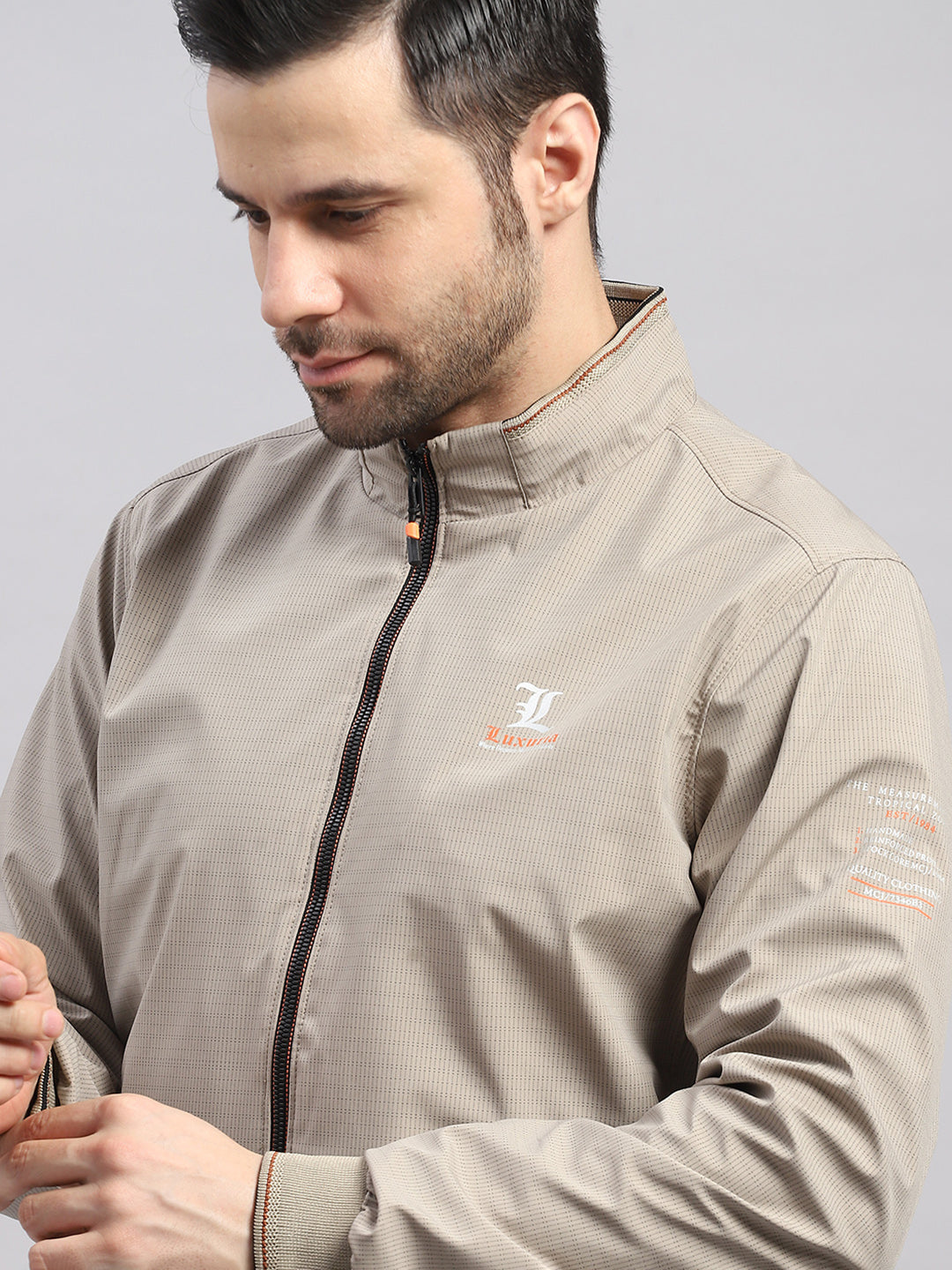 Luxuria Men Beige Solid Stand Collar Full Sleeve Jacket