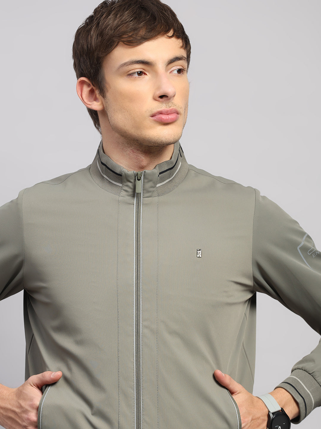 Luxuria Men Olive Solid Mock Neck Full Sleeve Jacket