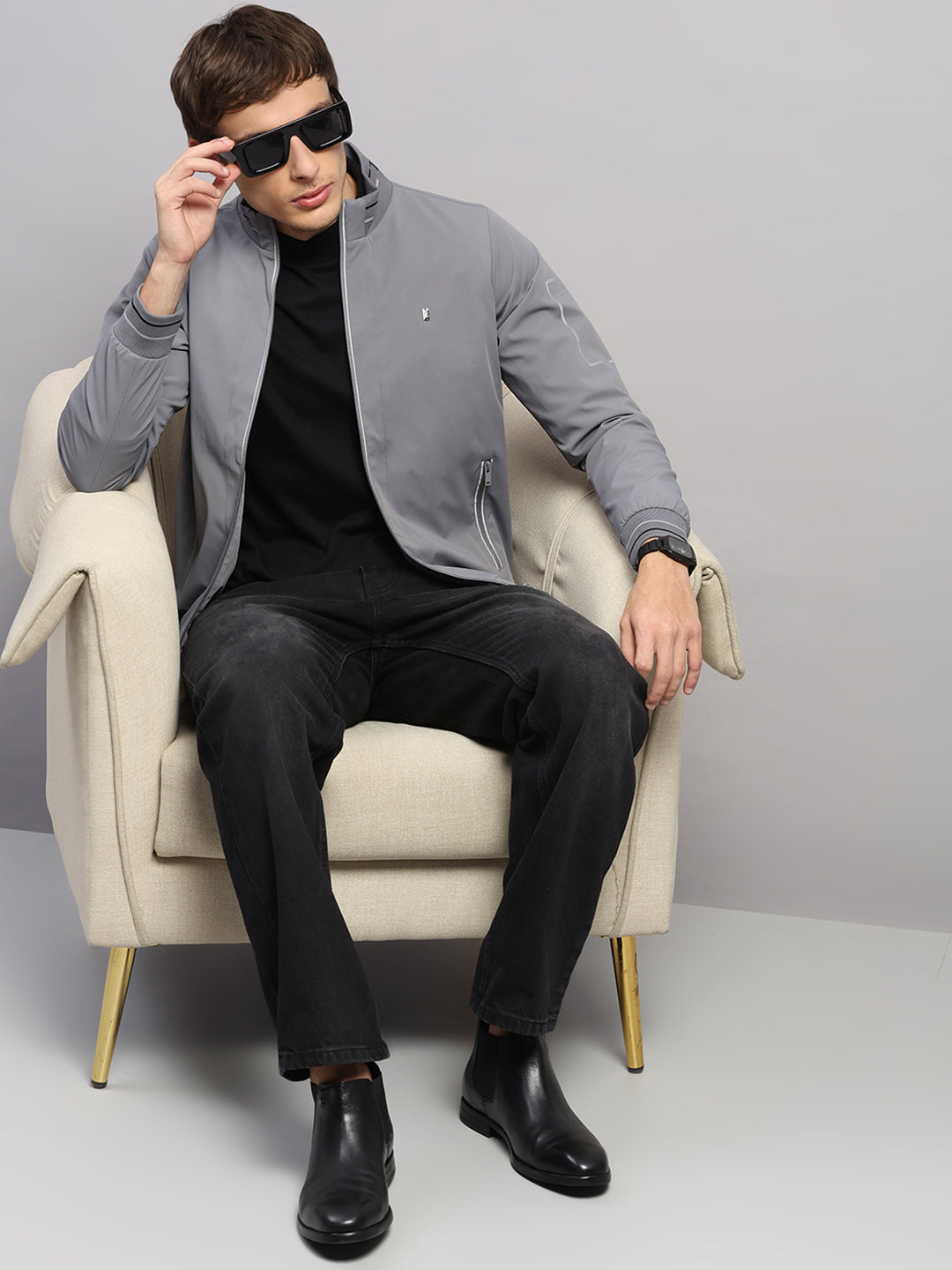 Luxuria Men Grey Solid Mock Neck Full Sleeve Jacket