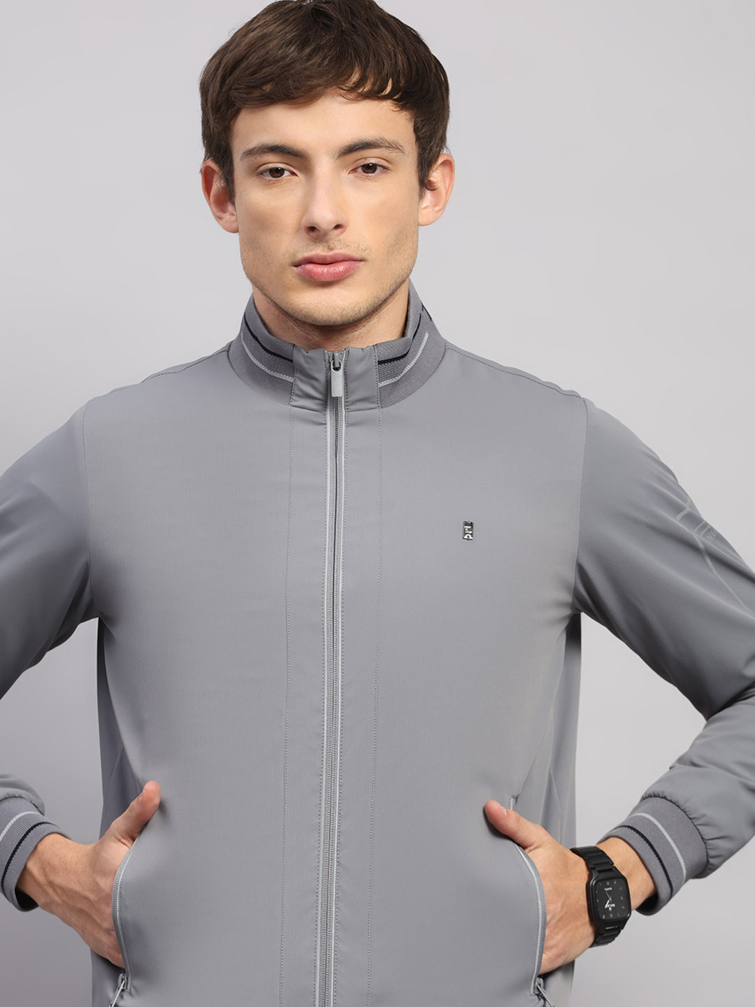 Luxuria Men Grey Solid Mock Neck Full Sleeve Jacket